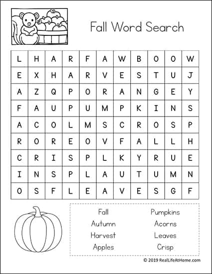 Fall Word Search Printable - Easy Version (Free on Real Life at Home)