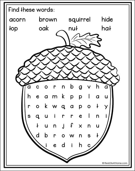 Acorn Word Search Printable for Kids