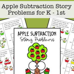 Free printable math task cards for kindergarten and 1st grade students to work on basic subtraction story problems with helpful pictures.