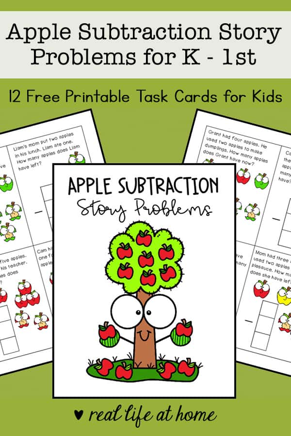 Free printable math task cards for kindergarten and 1st grade students to work on basic subtraction story problems with helpful pictures.