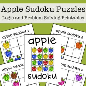 This free apple-themed sudoku printable puzzle set for kids includes four logic puzzles that have 4x4 grids and feature different colors of apples