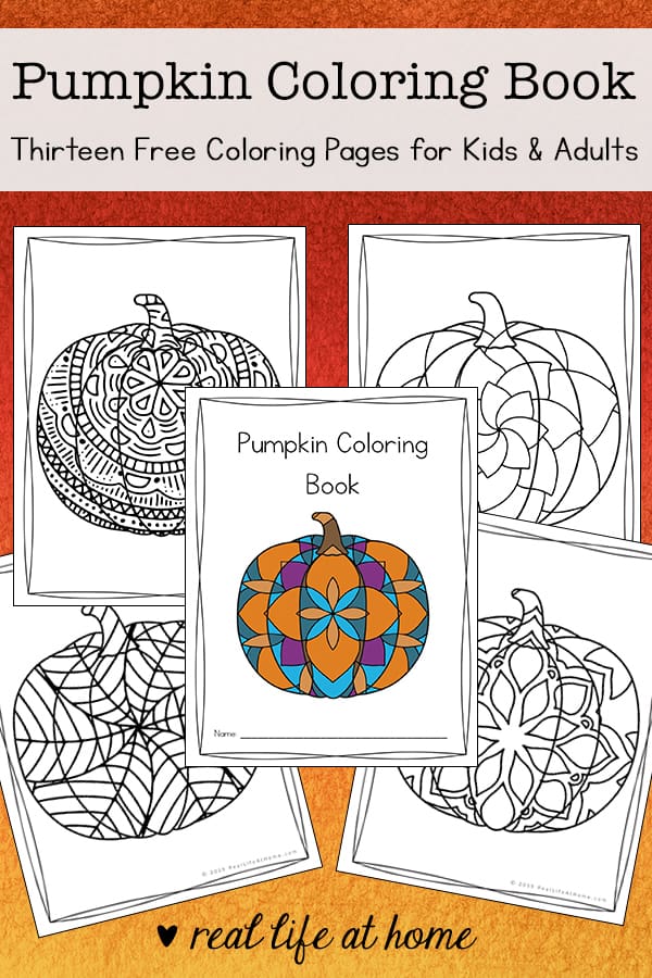 Looking for more intricate pumpkin coloring pages? Enjoy this free printable coloring book filled with 13 pumpkin coloring pages for kids and adults.