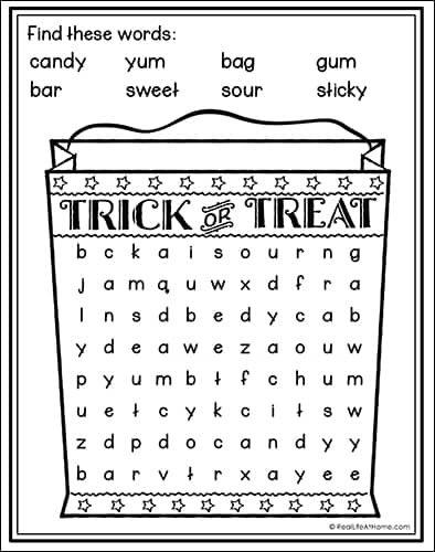 Trick or Treat Halloween Word Search Printable from Real Life at Home