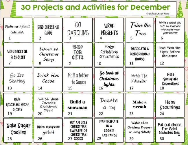 30 Projects and Activities for December Free Printable from Real Life at Home (color version)