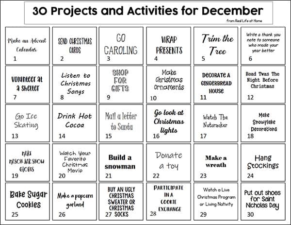 30 Projects and Activities for December Free Printable from Real Life at Home (black and white version)