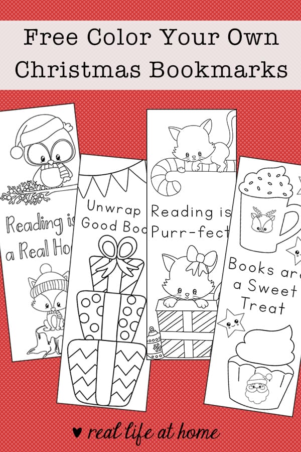 Free Printable Set of Color Your Own Christmas Bookmarks from Real Life at Home