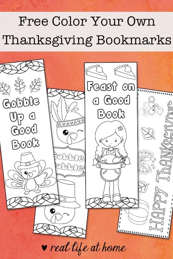 Free printable set of four color your own Thanksgiving bookmarks for kids. These bookmarks feature turkeys, pilgrim owls, pumpkins, leaves, and more with Thanksgiving messages.
