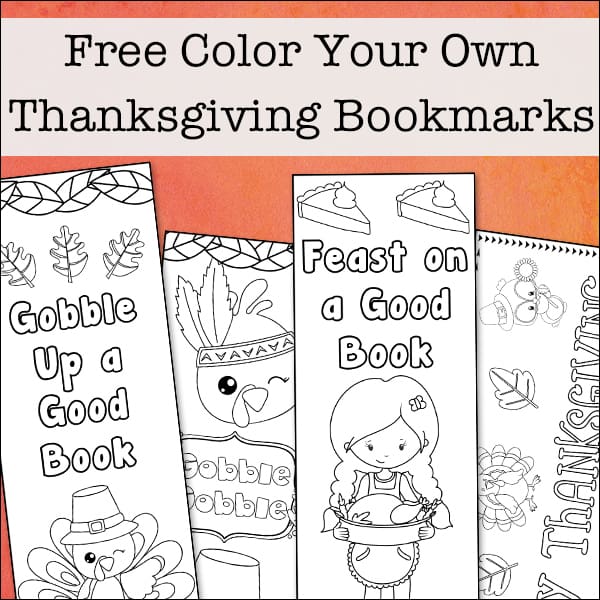 Free printable set of four color your own Thanksgiving bookmarks for kids. These bookmarks feature turkeys, pilgrim owls, pumpkins, leaves, and more with Thanksgiving messages.