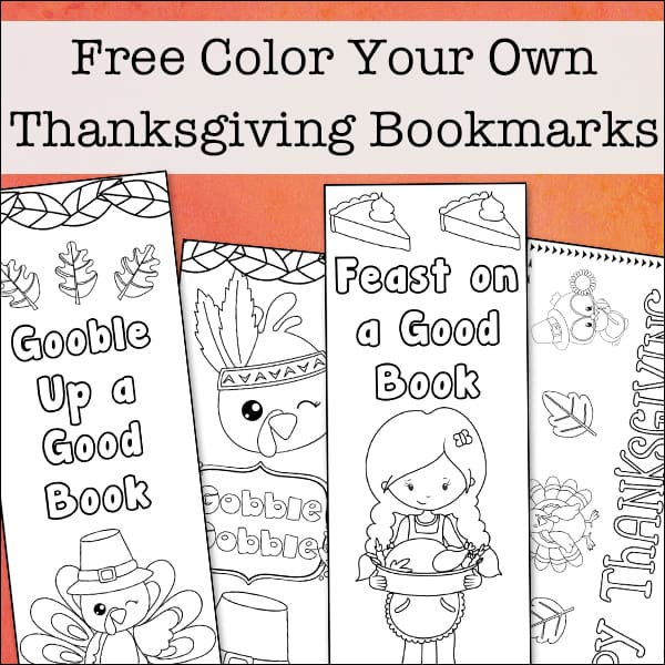 Free printable set of four color your own Thanksgiving bookmarks for kids. These bookmarks feature turkeys, pilgrim owls, pumpkins, leaves, and more with Thanksgiving messages.