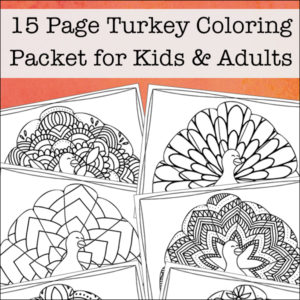 Looking for more intricate Thanksgiving coloring pages? Enjoy this free printable Thanksgiving coloring book filled with 15 turkey coloring pages for kids and adults.