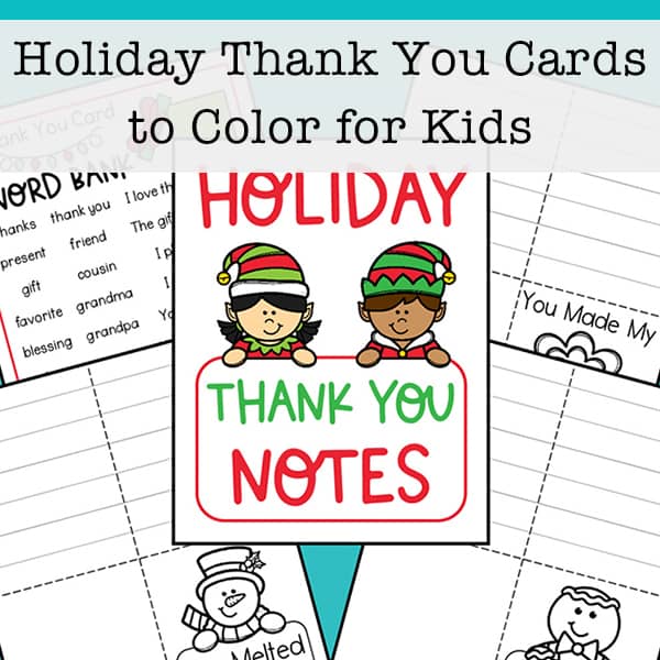 Print this free set of eight thank you cards to color for kids. There is also a thank you note word bank page with helpful words and phrases.