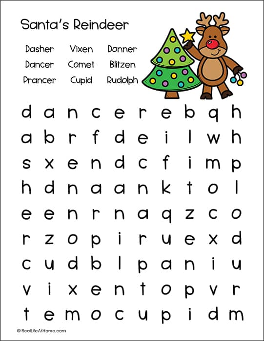 Free Santa's Reindeer Word Search Printable from Real Life at Home