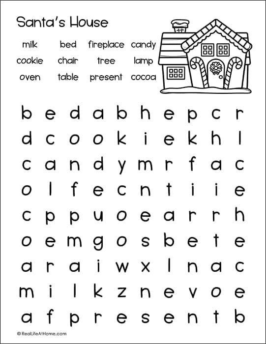 Free Santa's House Word Search Printable for Kids