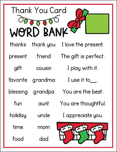 Thank You Card Word Bank for Kids (free printable)