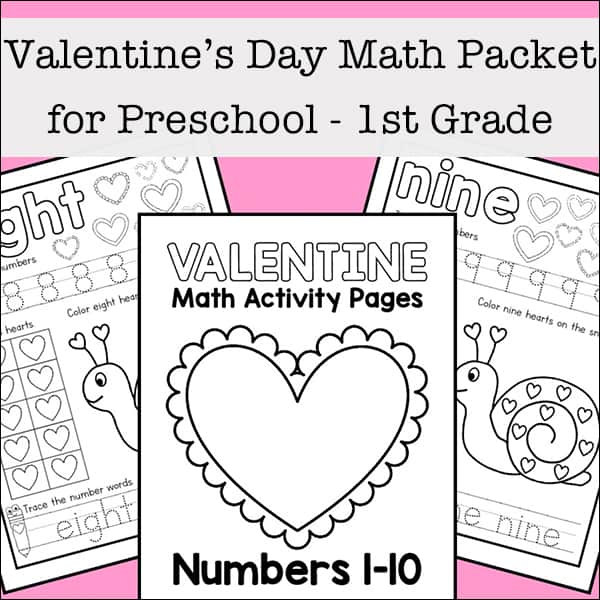 Valentine's Day Math Worksheets Packet for Preschool - 1st Grade