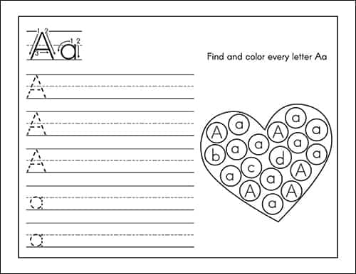 Letter Practice Page for Aa - from the Valentine's Day Alphabet Printables Packet from Real Life at Home