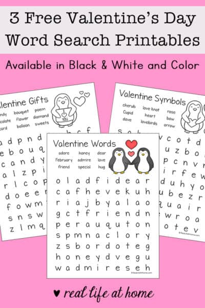 Free Set of Three Valentine's Day Word Search Printables for Kids