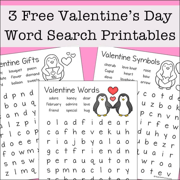 Three free Valentine's Day word search printables for kids.