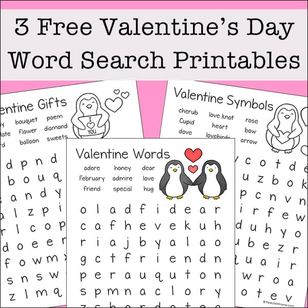 Three free Valentine's Day word search printables for kids. 