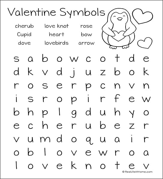 Valentine's Day Symbols Word Search Printable (from the Free Valentine's Day Word Search Printable Set on Real Life at Home)
