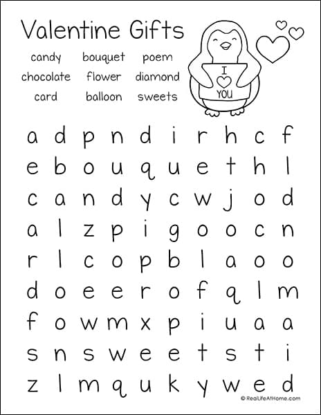 Valentine's Day Gifts Word Search Printable (from the Free Valentine's Day Word Search Printable Set on Real Life at Home)