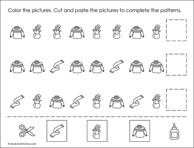 Winter-themed Math Patterns Worksheet for Preschool - 1st Grade (part of a free packet)