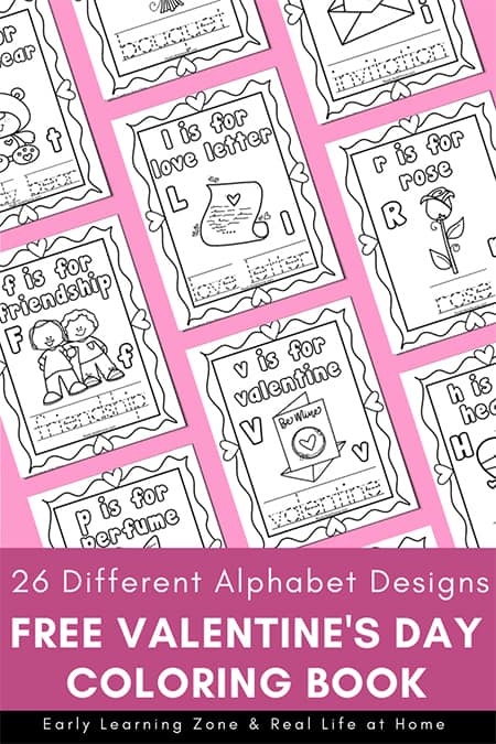 Free 27-page Valentine's Day coloring pages alphabet packet for preschool, kindergarten, and 1st grade. Includes one page for each letter of the alphabet!