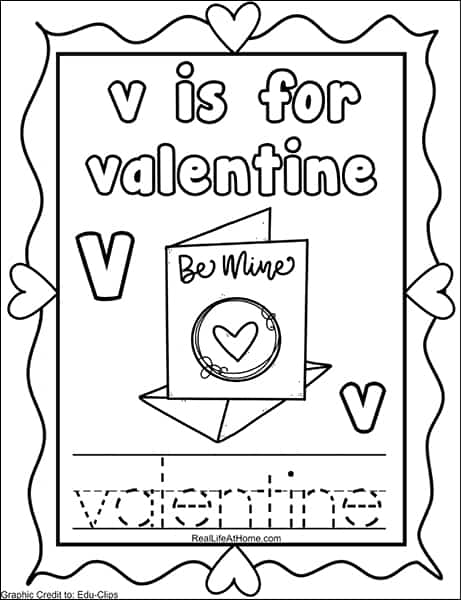 The Letter V page from the free Valentine's Day Coloring Pages Alphabet Packet on Real Life at Home