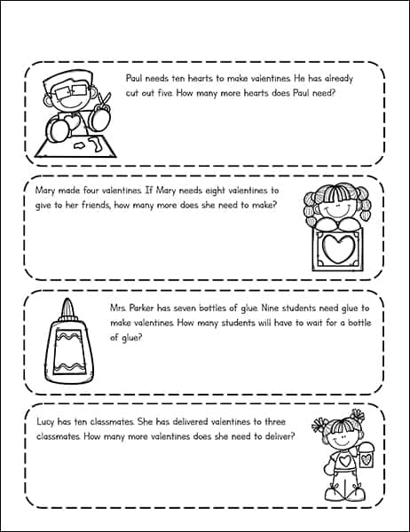 Free Valentine's Day Math Worksheets featuring story problems for 1st - 3rd Grade