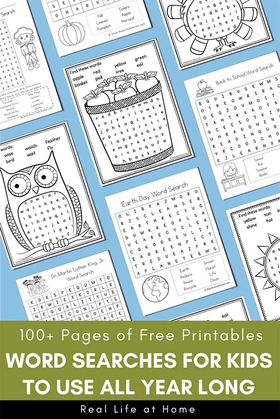 100+ Pages of Free Word Search Printables: Word Searches for Kids to Use All Year Long
