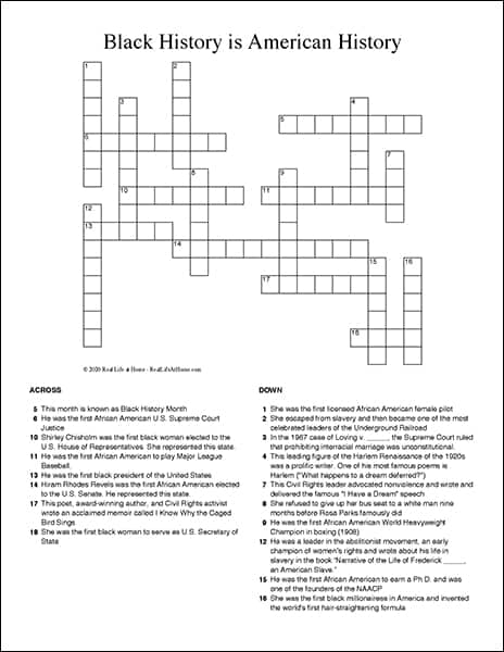 Black History Crossword Puzzle Free Printable