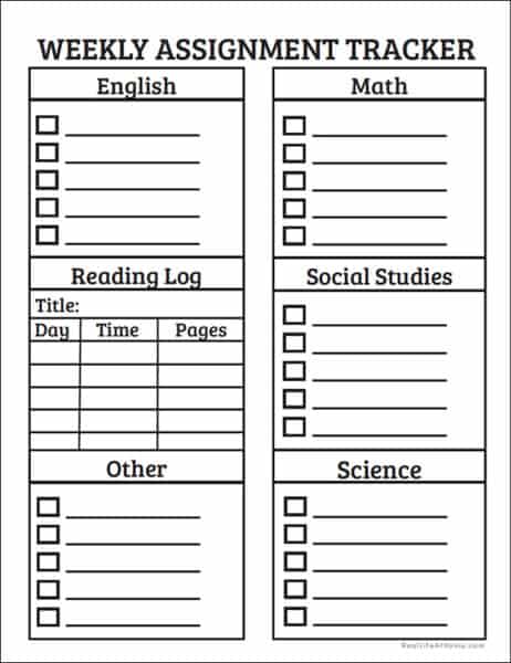 Printable Weekly Assignment Sheet (Color and Black and White)