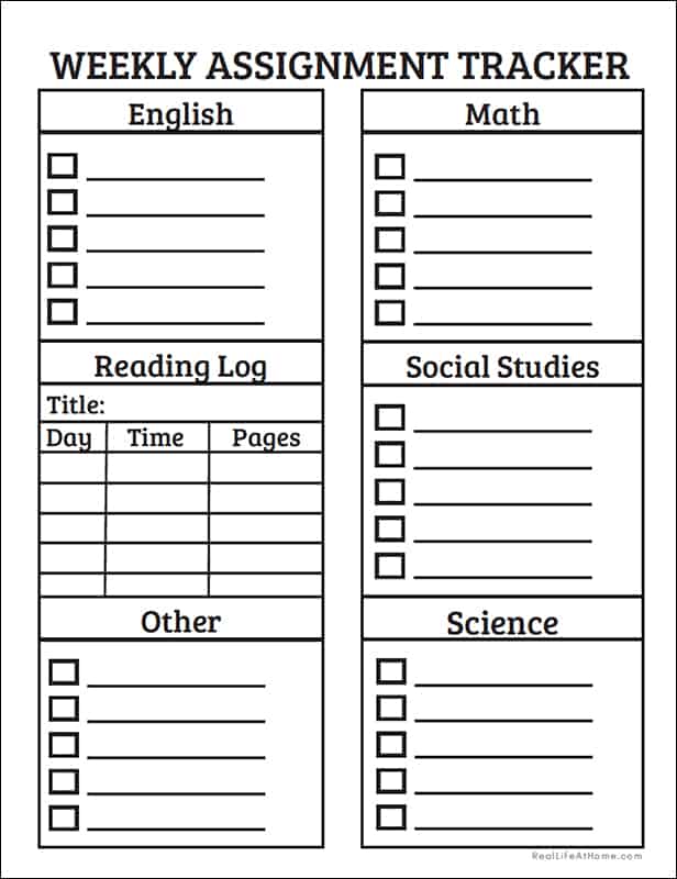 Weekly Assignment Tracker in Black and White