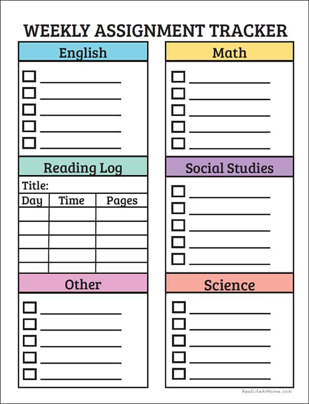 Printable Weekly Assignment Sheet Color And Black And White