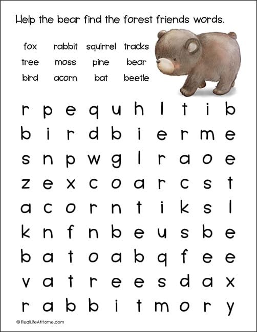 Forest Animals Word Search Free Printable Set