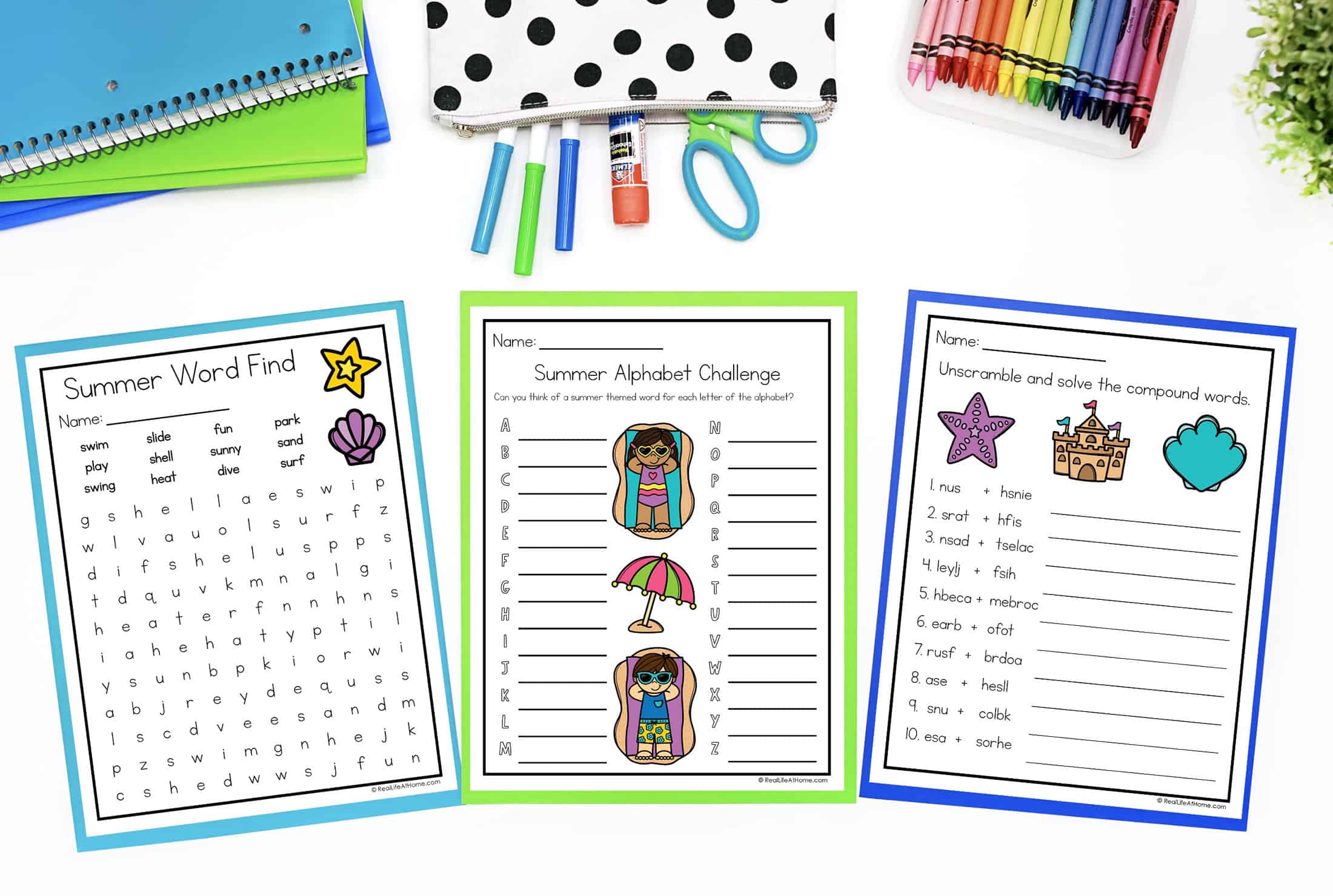 Three summer-themed worksheets on a desk top