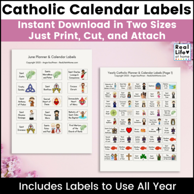 Catholic Planner Stickers and Calendar Labels on a desktop surrounded by floweres