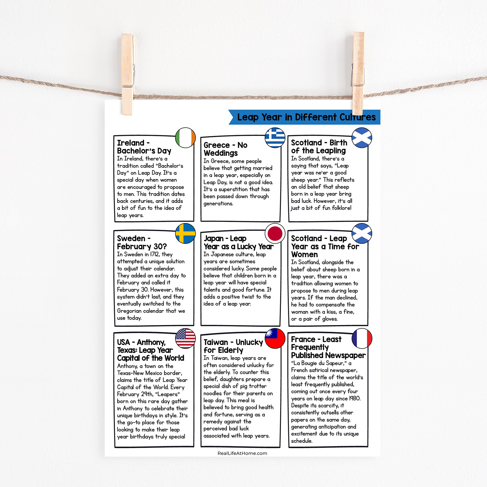 Leap Day Traditions around the World Printable on a Clothesline