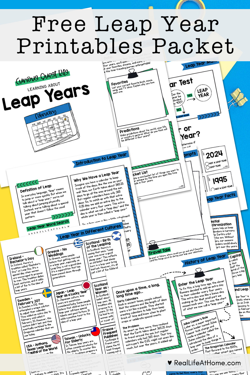 Free Leap Year Printables Packet pages on a yellow and blue background