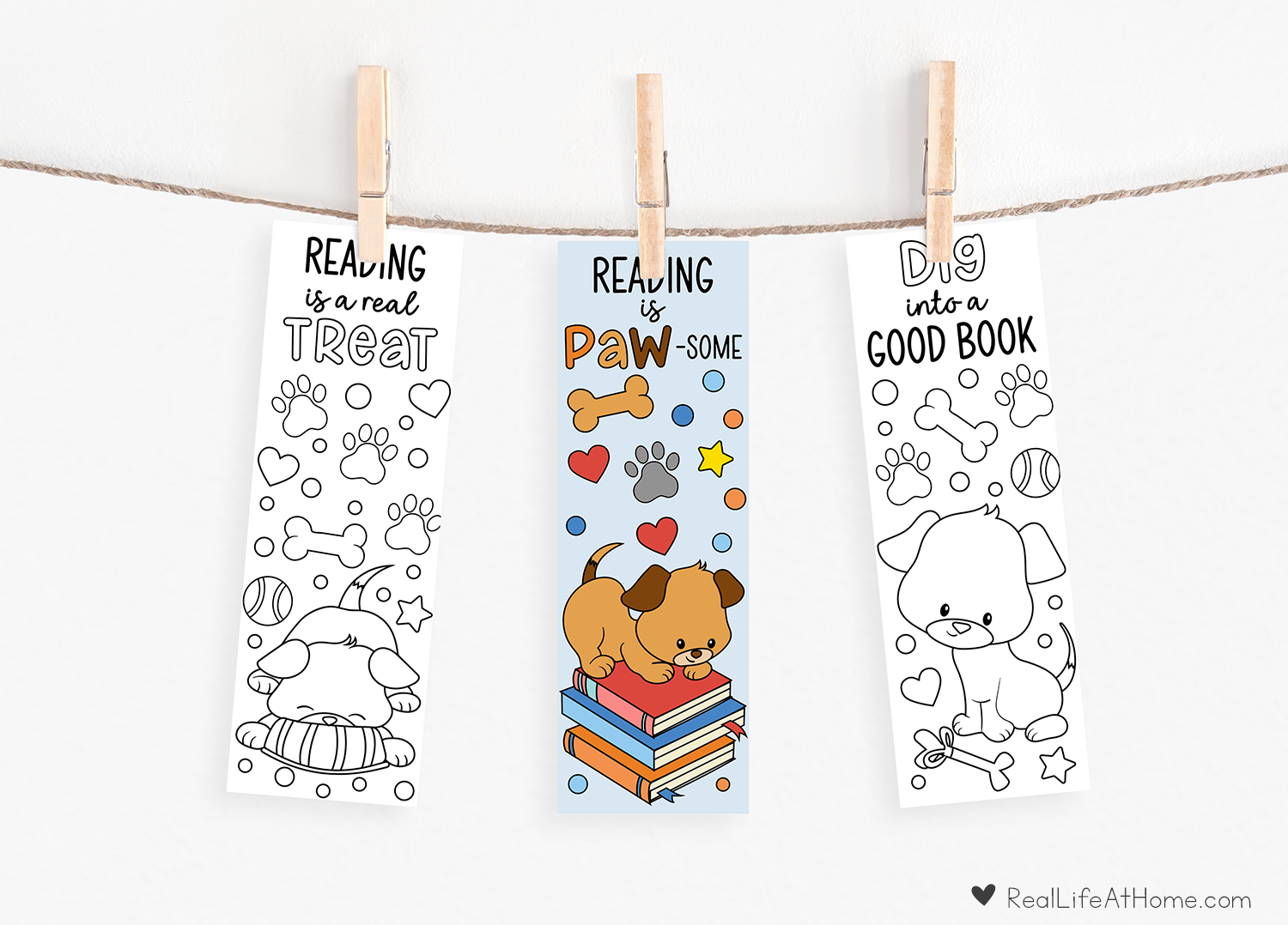 Dog Bookmarks to Color Hanging on a Clothesline.