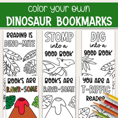 Free printable dinosaur coloring page featuring a set of five bookmarks