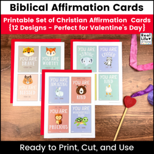 Biblical Affirmation Cards for Kids on a wooden surface with a heart ribbon wand near them