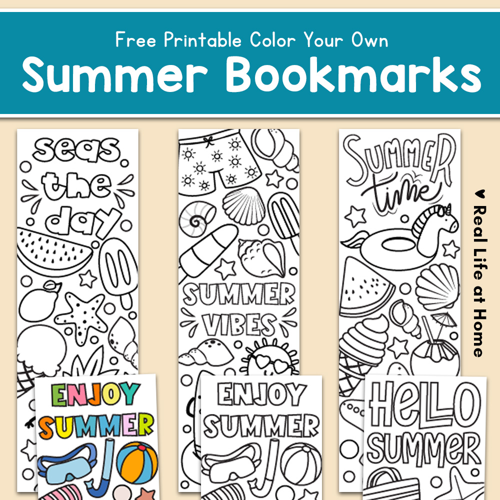 Free printable set of ten color-your-own Summer bookmarks for kids.