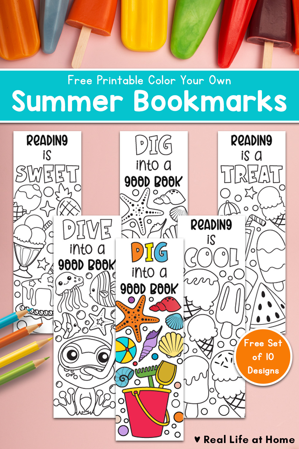 Free printable set of ten color-your-own Summer bookmarks for kids.