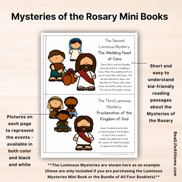 Mysteries of the Rosary Mini Books for Kids (Four 6-page Books)