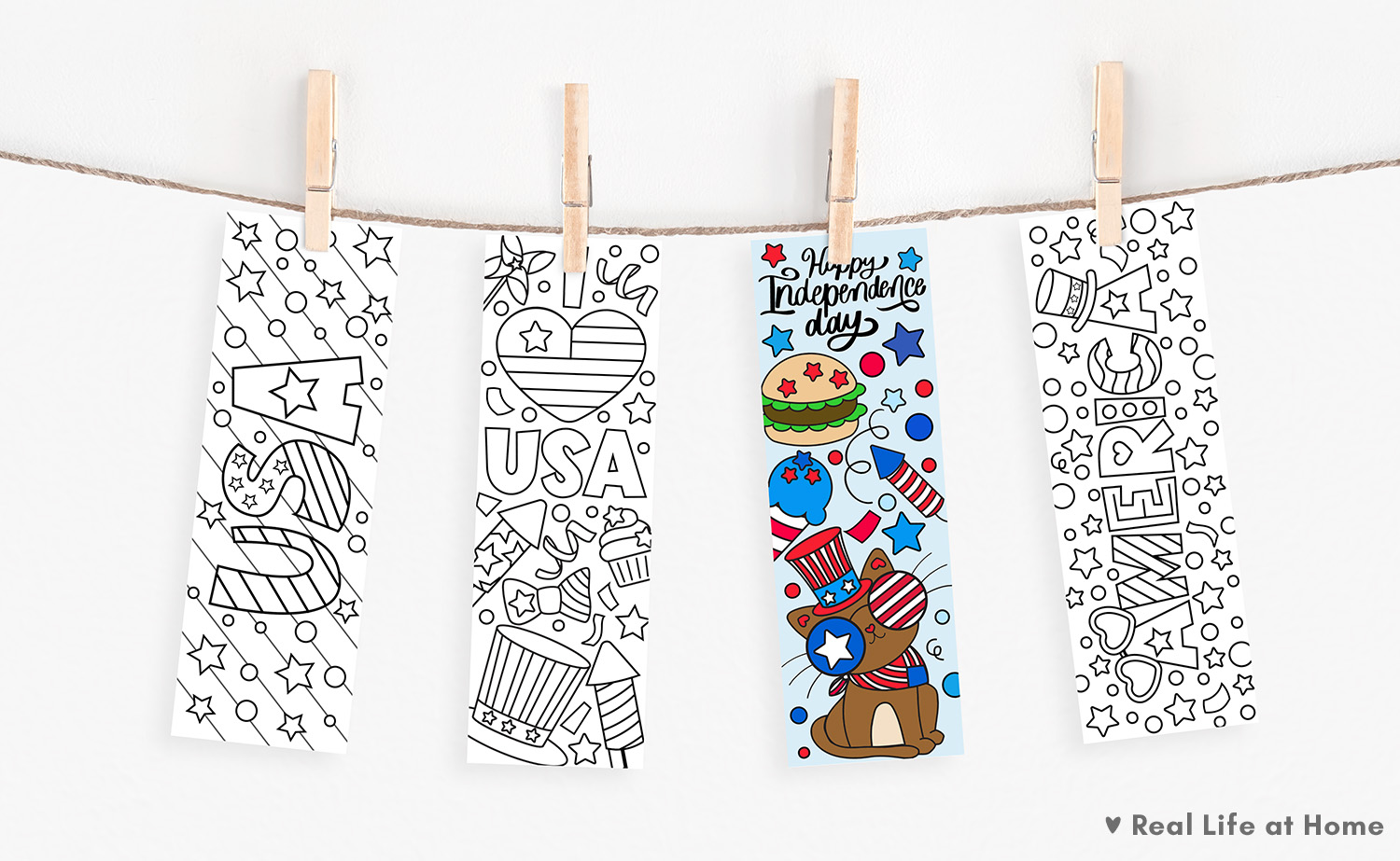 4th of July Color Your Own Bookmarks Free Printable 4th of July Color Your Own Bookmarks displayed on a clothesline.